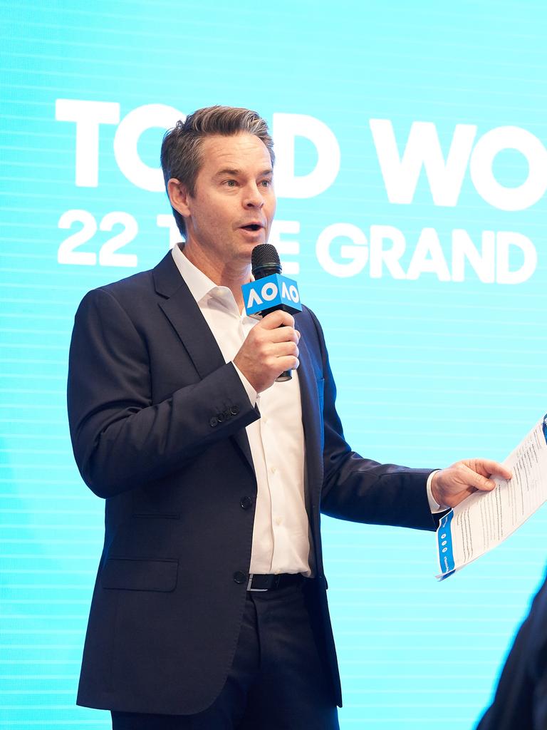 Australian tennis player Todd Woodbridge speaks during the launch of the Australian Open 2020. AAP Image/Stefan Postles.