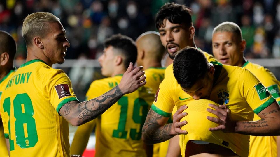 Bruno Guimaraes of Brazil celebrates vs Bolivia