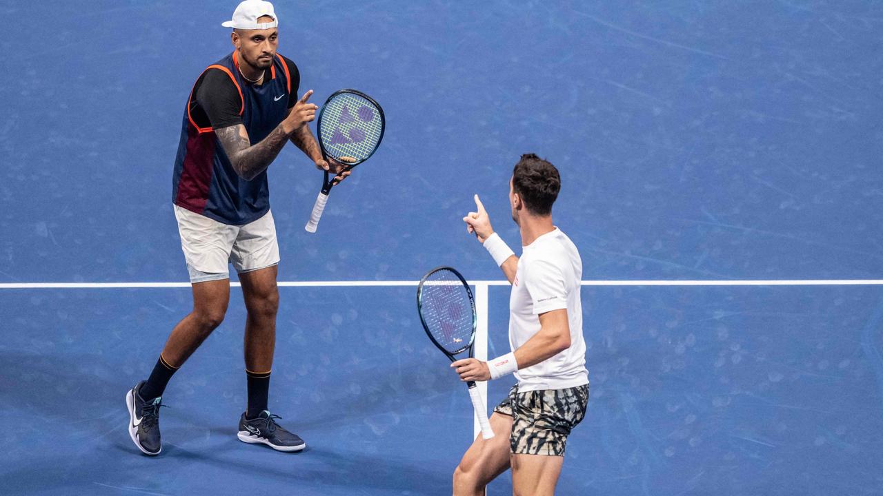 Kyrgios is loving playing doubles with Thanasi Kokkinakis. (Photo by Yuichi YAMAZAKI / AFP)