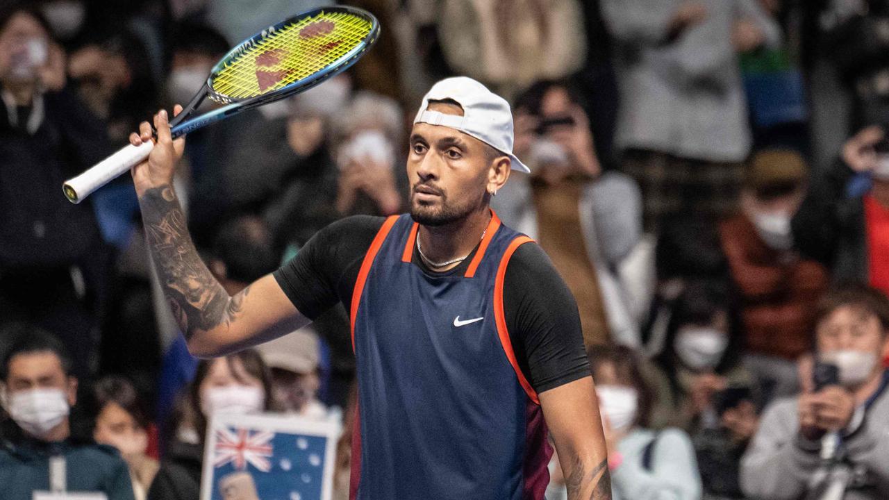 Nick Kyrgios celebrates his victory against Kamil Majchrzak at the Japan Open. (Photo by Yuichi YAMAZAKI / AFP)