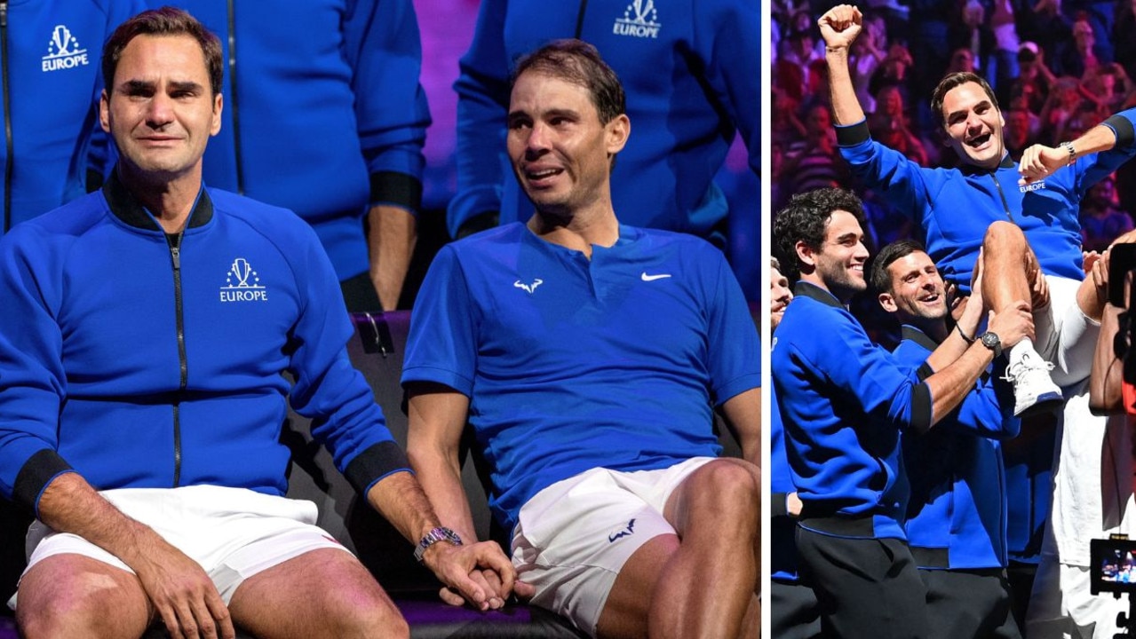 Roger Federer and Rafael Nadal hold hands at the Laver Cup. Picture: Ella Ling/Shutterstock