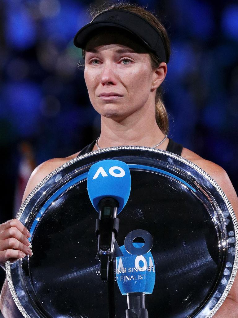 Danielle Collins of the US gets emotional during the presentation ceremony after the final. Photo by Aaron FRANCIS / AFP.