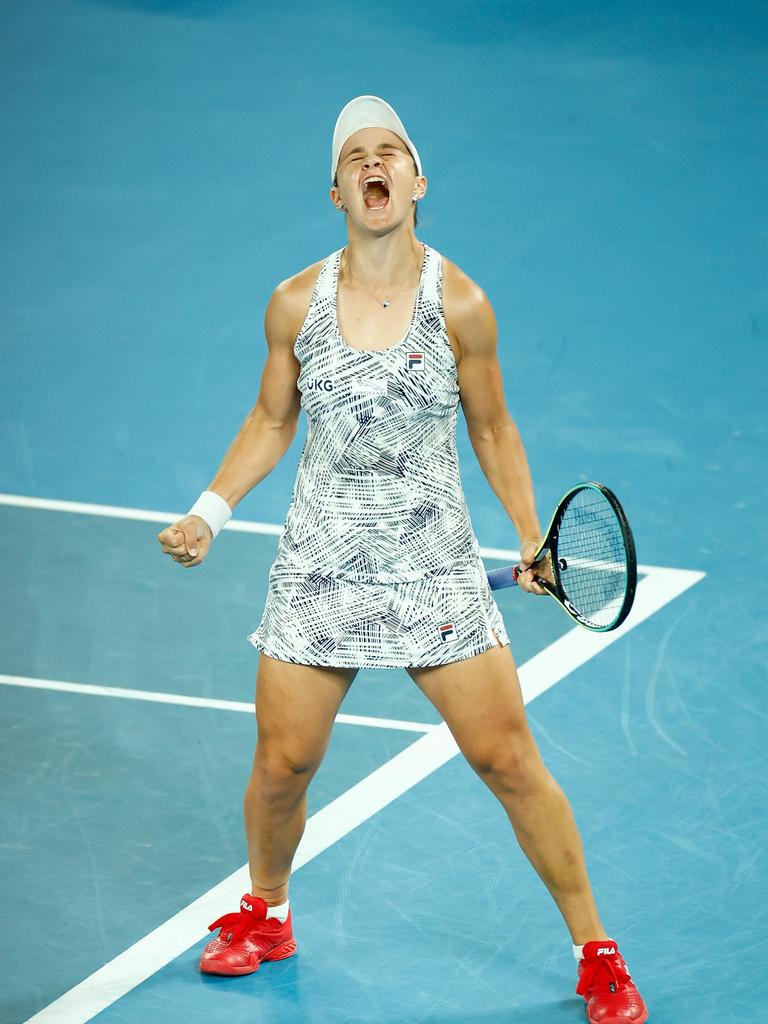 Ash Barty roared after winning match point. Photo by Daniel Pockett/Getty Images.