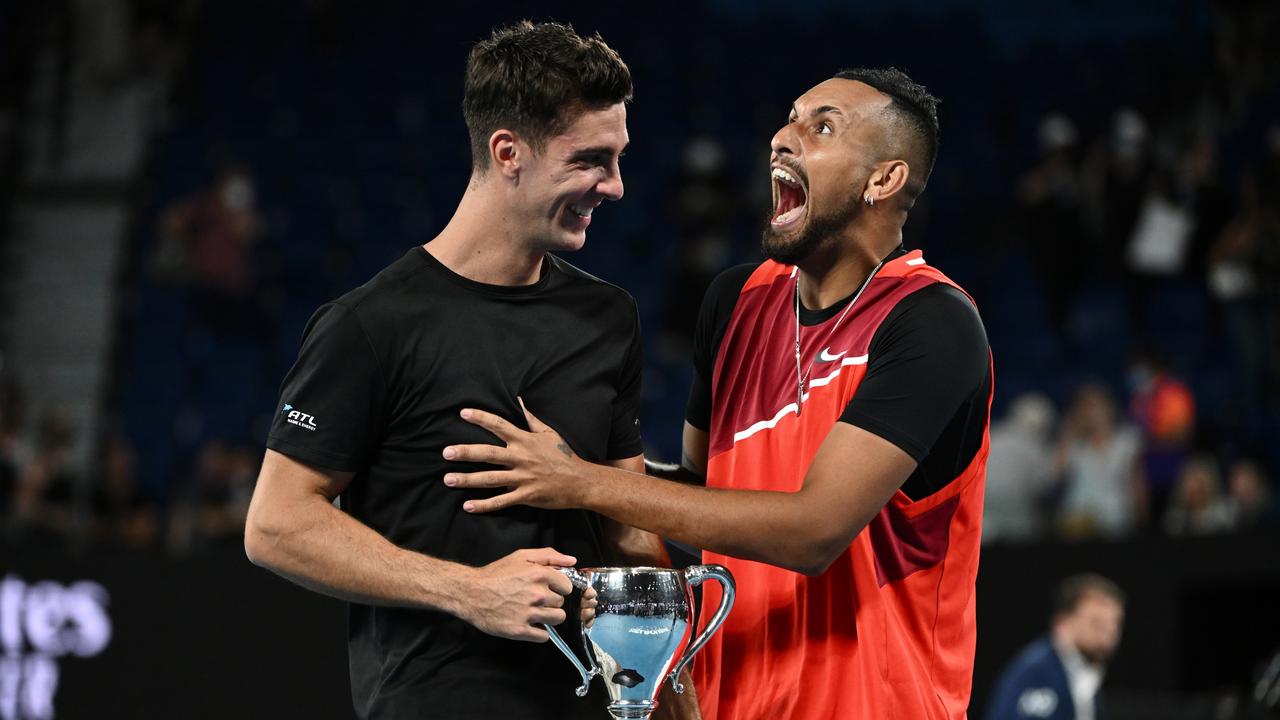 Nick Kyrgios got plenty out of playing doubles with friend Thanasi Kokkinakis. (Photo by Quinn Rooney/Getty Images)